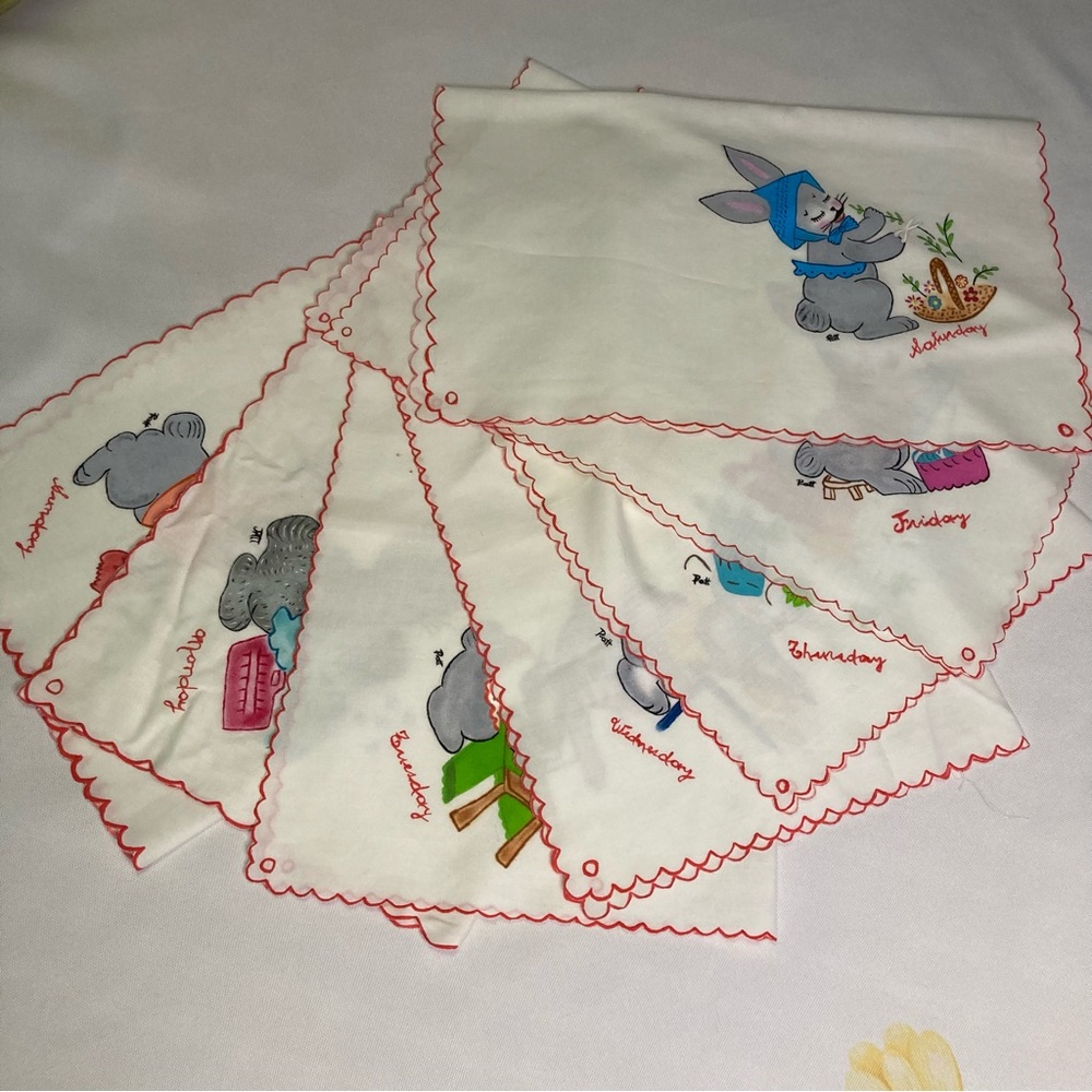 Vtg 1950's Hand Painted 14.5x19”, Day the Week Linen Tea Towels Set/7 Bunnies